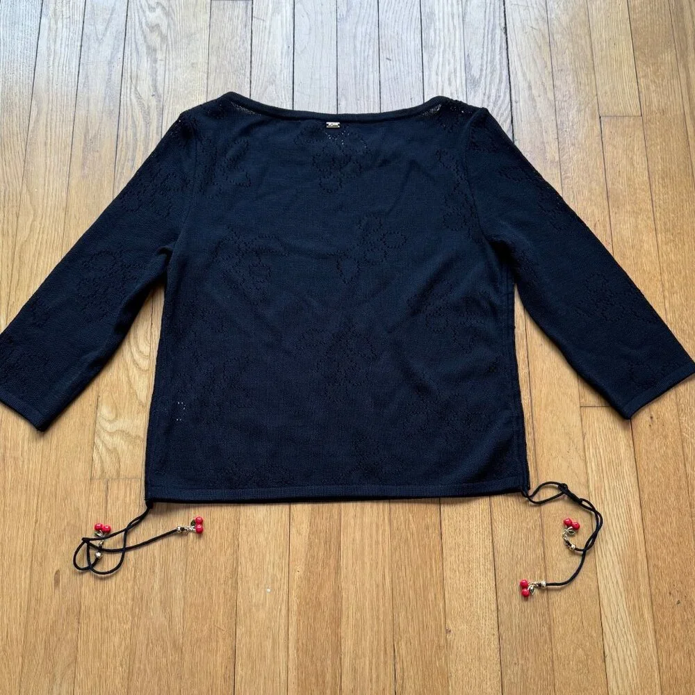 VTG St. John Size S Black Wool Knit 3/4 Sleeve Boat Neck Top w/ Red Beaded Tie